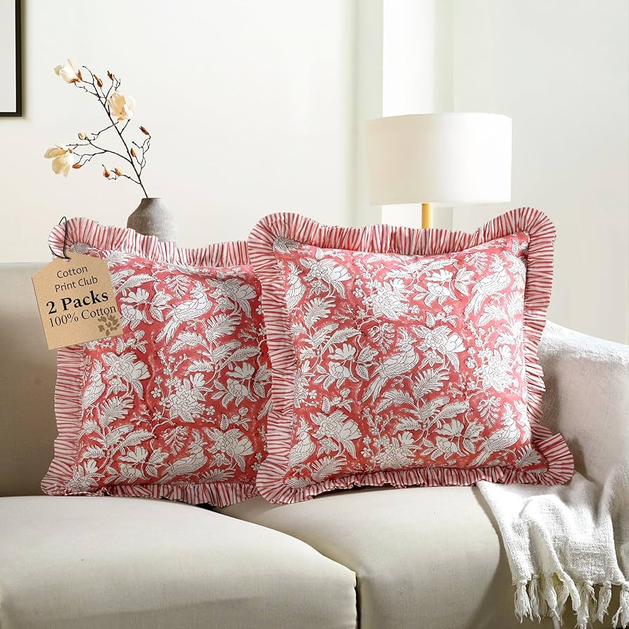 CPC Coral Pink 100% Cotton Block Print Ruffle Pillow Cover 16X16 inch, Handmade Boho Floral Pillo... | Amazon (US)