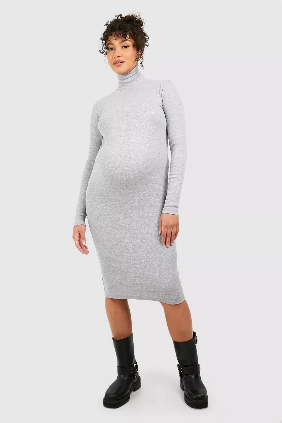 Maternity Turtleneck Long Sleeve Midi Dress | boohoo (US & Canada)