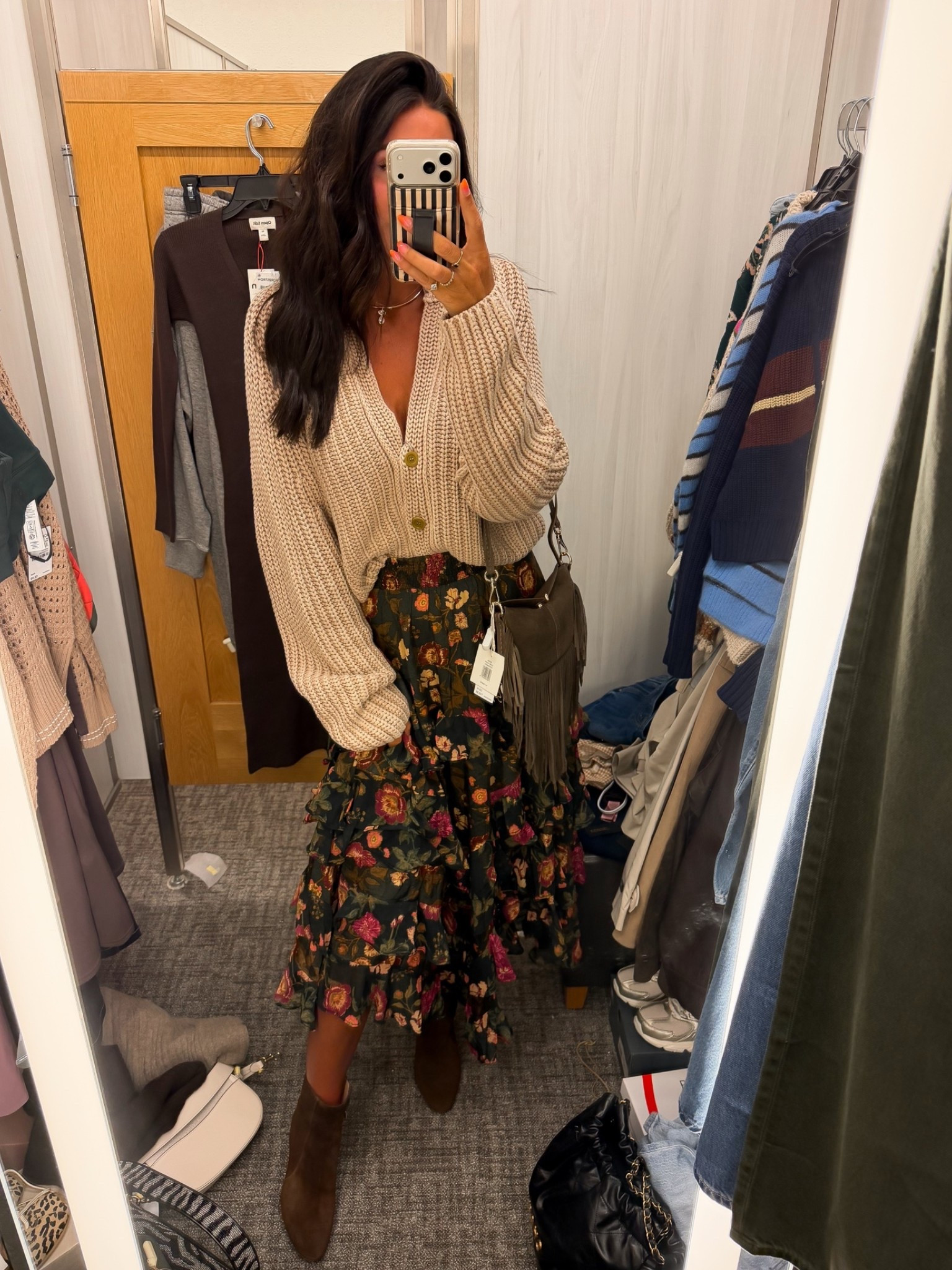 This floral skirt is adorable. Would be perfect for family pics 
Small sweater 
Small skirt 
Boots true to size

#LTKootd