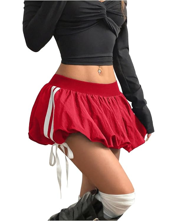 SHENHE Women's Y2k Bubble Skirt Side Striped Bow Mini Skirt Low Rise Puffer Micro Skirt | Amazon (US)