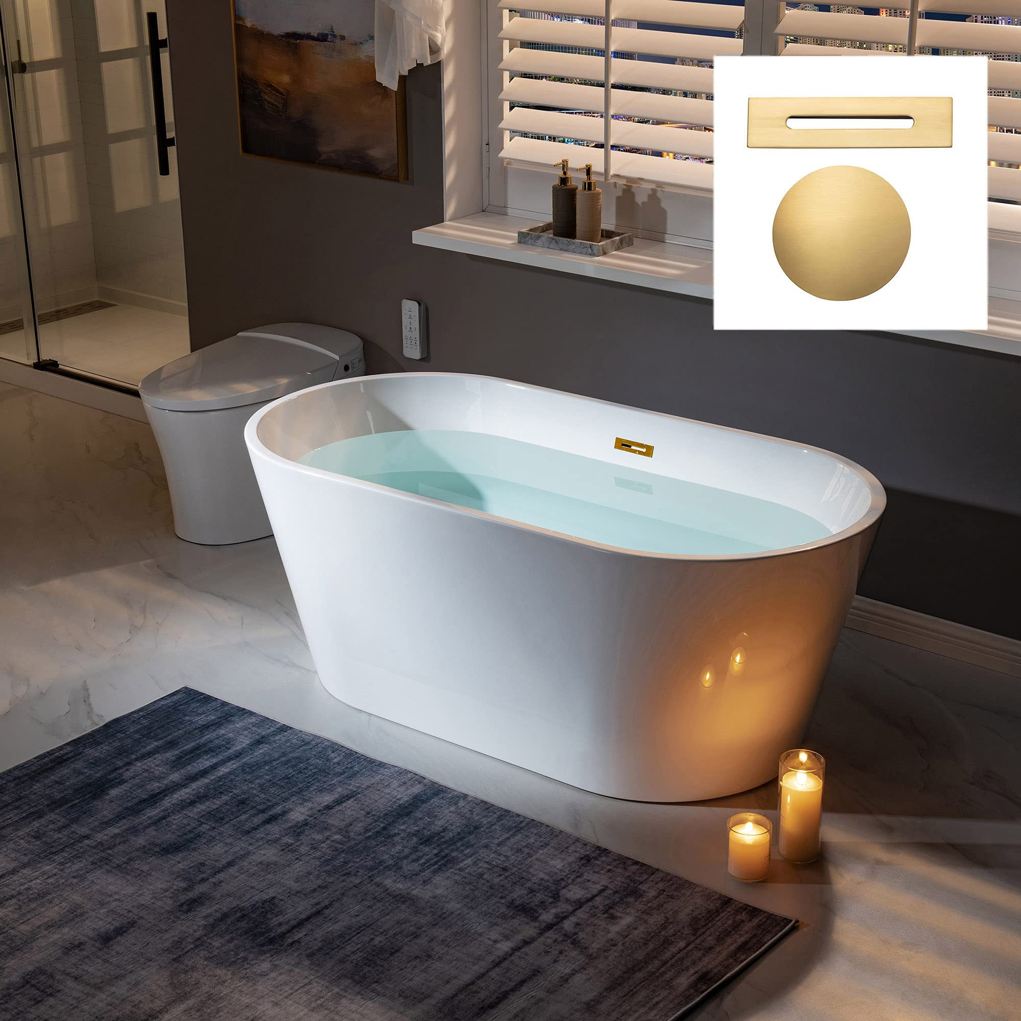 WOODBRIDGE 59" Freestanding White Acrylic Soaking Bathtub with Brushed Gold Drain and Overflow,BT... | Amazon (US)