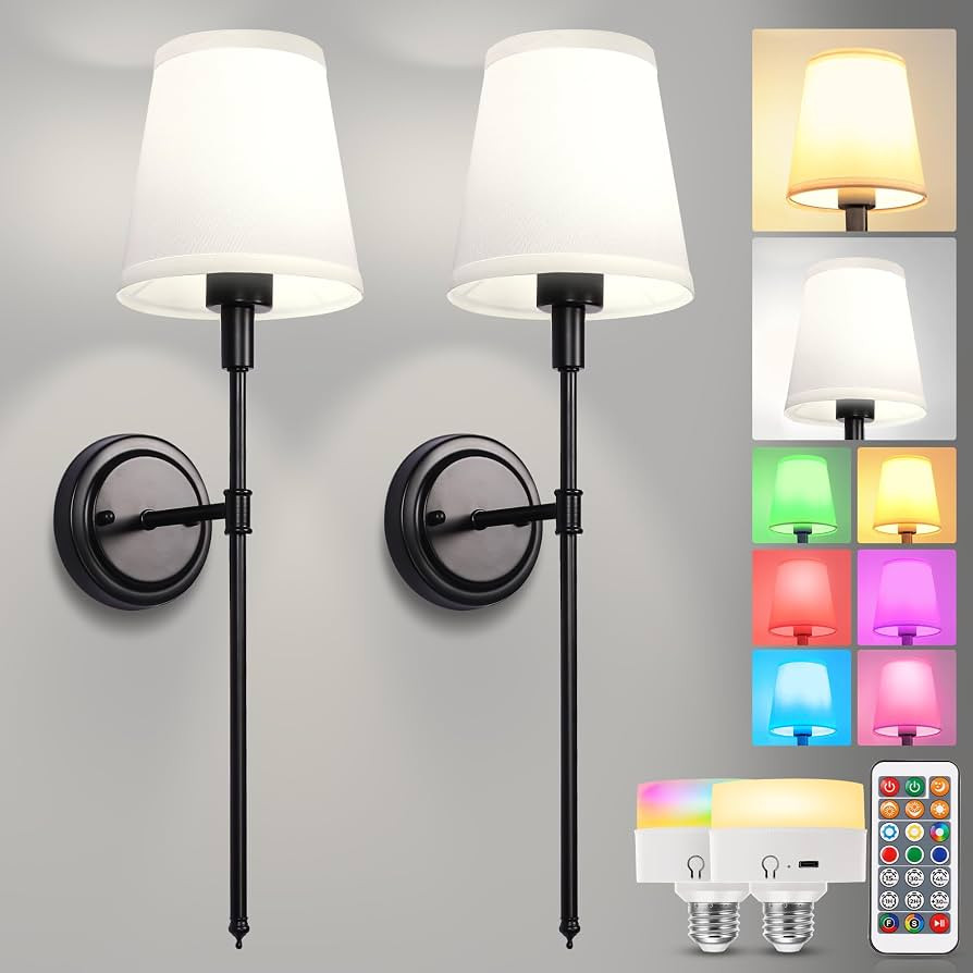 DORESshop Battery Operated Wall Sconce Set of Two, Balck Wall Sconces with Dimmable and Adjustabl... | Amazon (US)
