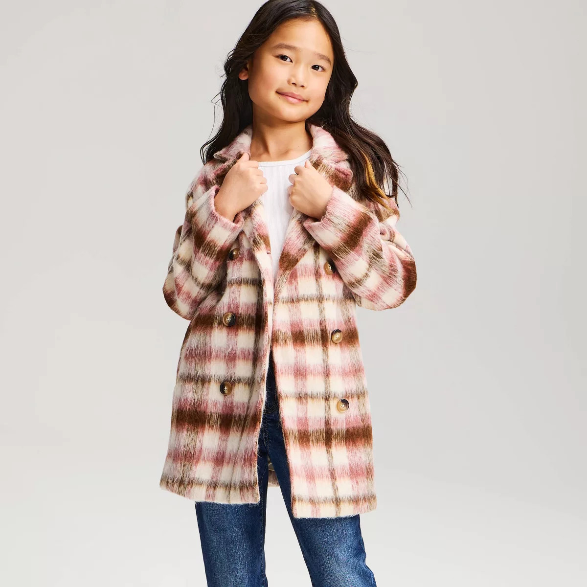 Girls' Double Breasted Plaid Coat - Cat & Jack™ Pink/Brown S | Target