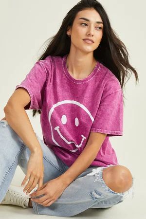 Oversized Smiley Graphic T-Shirt in Fuschia | Altar'd State | Altar'd State