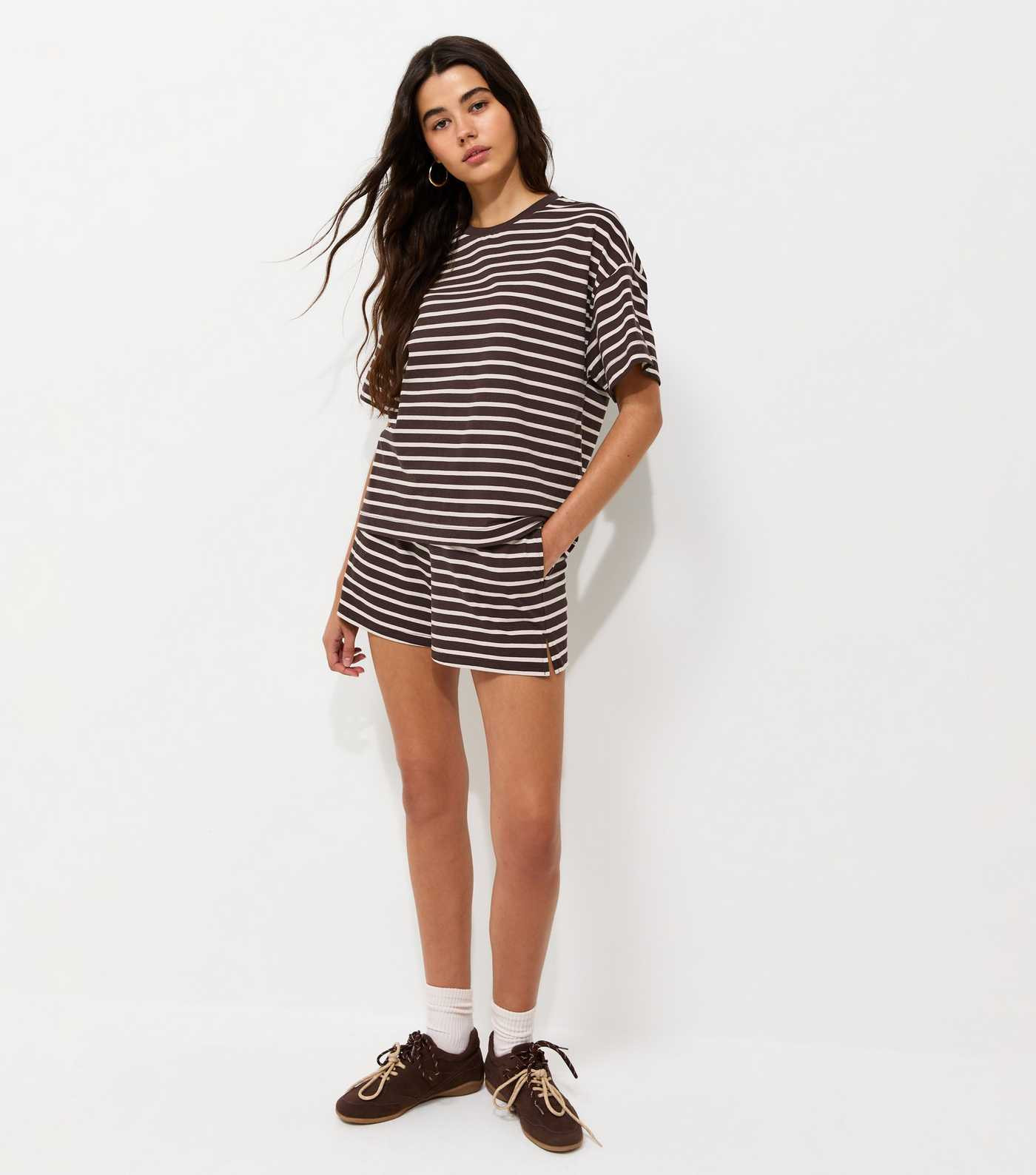 Brown Cotton Striped Side Split Shorts | New Look | New Look (UK)