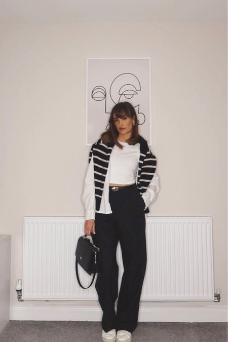 White top, white shirt, black striped jumper, black straight trousers, white trainers, black handbag, office outfit ootd

#LTKstyletip #LTKSeasonal #LTKeurope