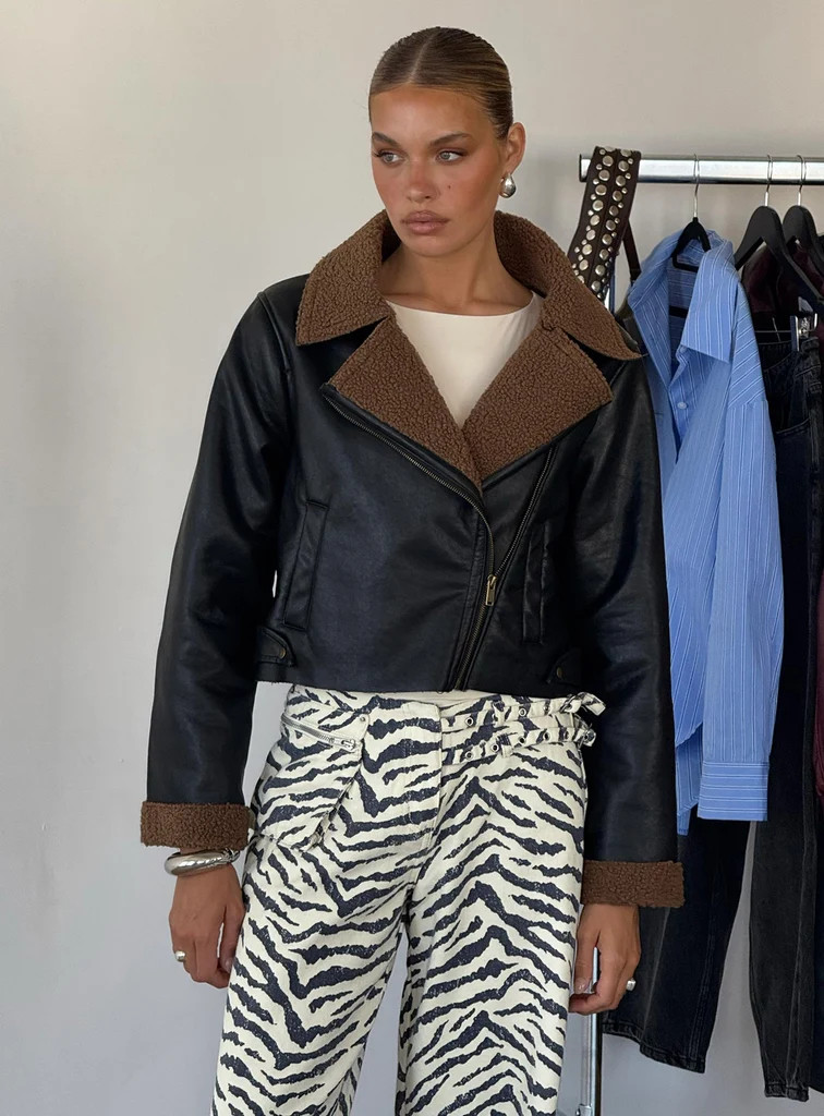Shearling Trim Faux Leather Jacket Black | Princess Polly US