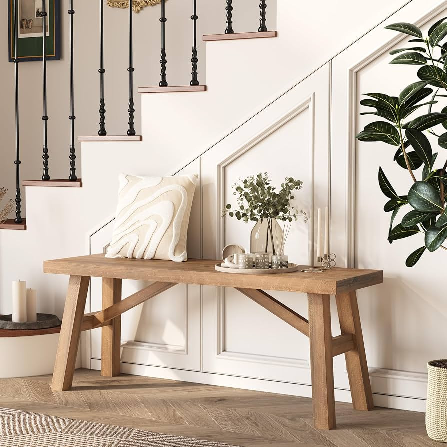Wnutrees Sawmill Long Solid Wood Bench,43" Farmhouse Entryway Bench,Natural | Amazon (US)