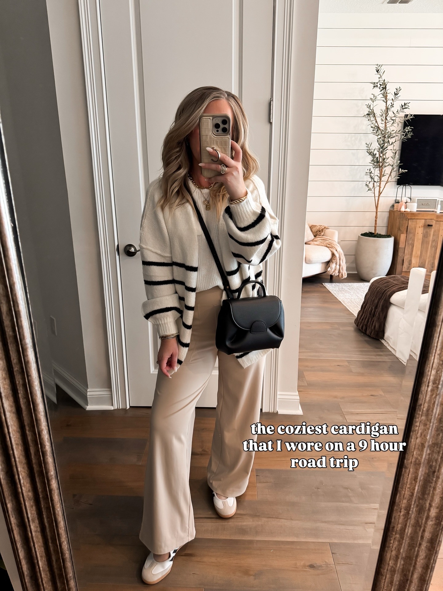 Simple outfit styling with a cozy cardigan and comfy yoga pants! Fall fashion, fall outfit, cozy striped oversized cardigan size small, wide leg yoga pants medium petite, Adidas samba jane, styled look 🤍
 

 #LTKPetite #LTKFindsUnder50 #LTKStyleTip