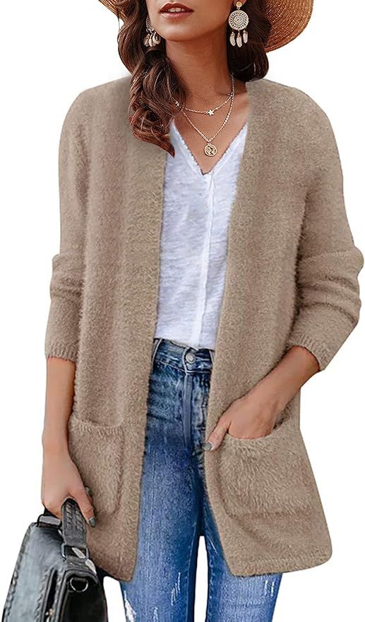 ZESICA Women's Fuzzy Cardigan Long Sleeve Open Front Casual Knit Sweater Outerwear | Amazon (US)