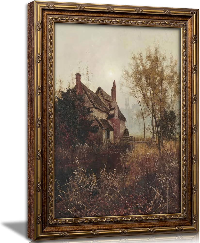 Vintage Gold Framed Wall Art, Antique Country Cottage Landscape Oil Painting Print, Classic Rusti... | Amazon (US)