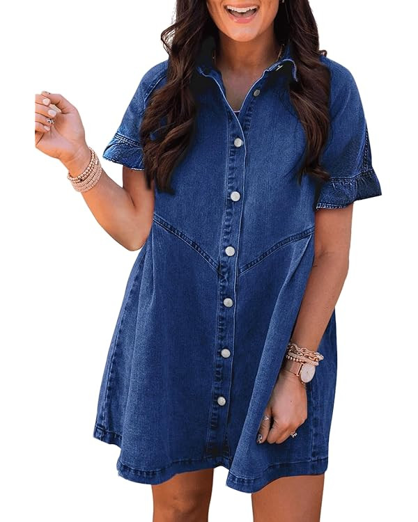 Sidefeel Womens Smocked 3 4 Sleeve Button Down Denim Jeans Dresses | Amazon (US)