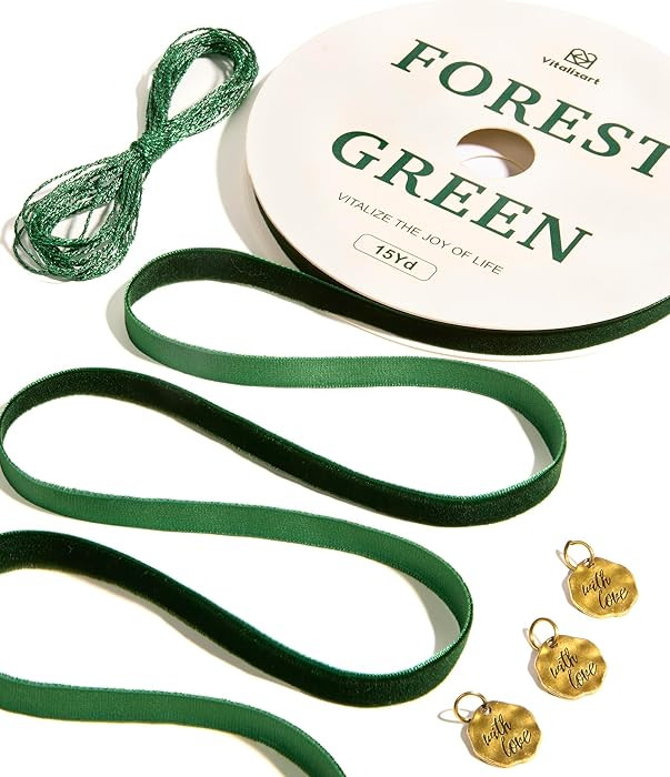Vitalizart Green Velvet Ribbon 3/8" Continuous Fabric Trim Thin Dark Forest Green Ribbon 15Yd for... | Amazon (US)