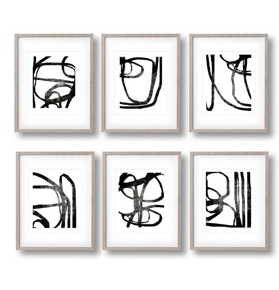 Abstract Line Print Black White Art Set Of 6 Prints Brush Stroke Art Digital Prints Line Artwork ... | Etsy (US)