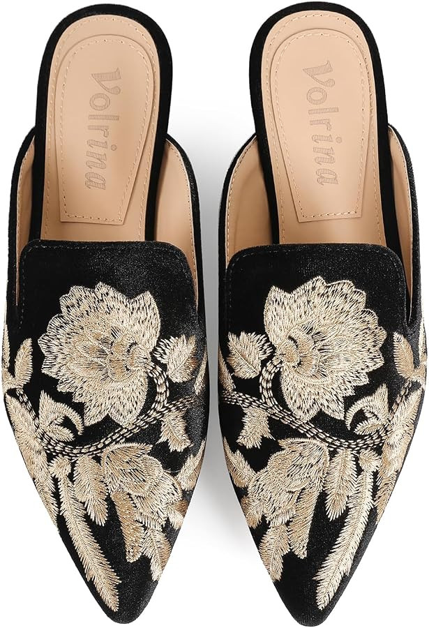 Women's Velvet Backless Pointed Toe Loafers - Embroidered Slip On Mule Slippers Flats, Comfortabl... | Amazon (US)