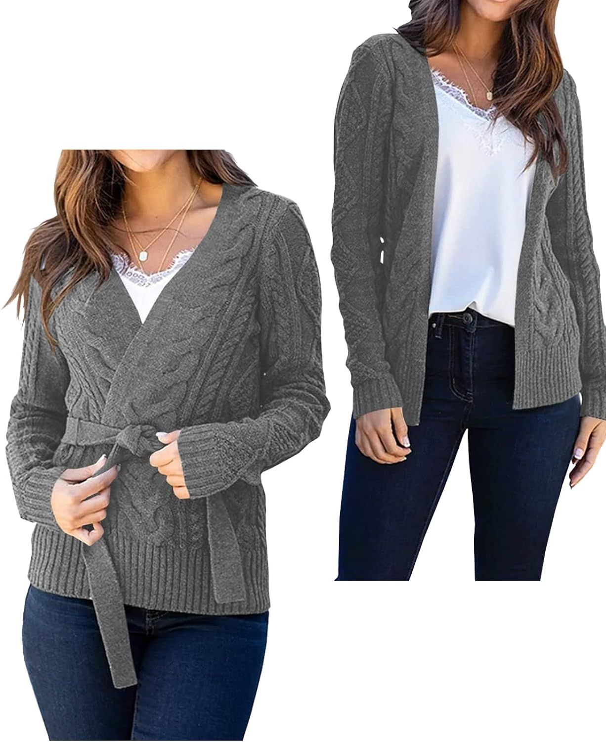 Veatzaer Women's Long Sleeve Belted Cable Slim Knit Sweater Open Front Cardigan Coat | Amazon (US)