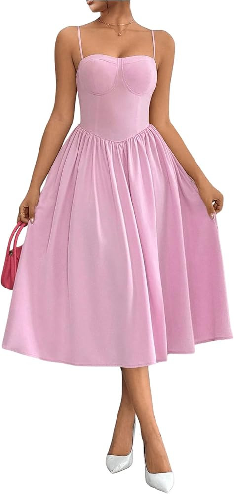 SOLY HUX Women's Sleeveless Midi Corset Dress Flared A Line Flowy Party Cami Dresses | Amazon (US)