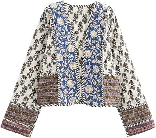 Omoone Women's Cropped Floral Quilted Jacket Cardigan Printed Lightweight Open Front Padded Puffe... | Amazon (US)