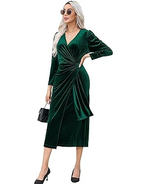 R.Vivimos Womens Velvet V Neck Wrap Dress Fall Winter Long Sleeve Waist Ruched Elastic Elegant Mi... | Amazon (US)