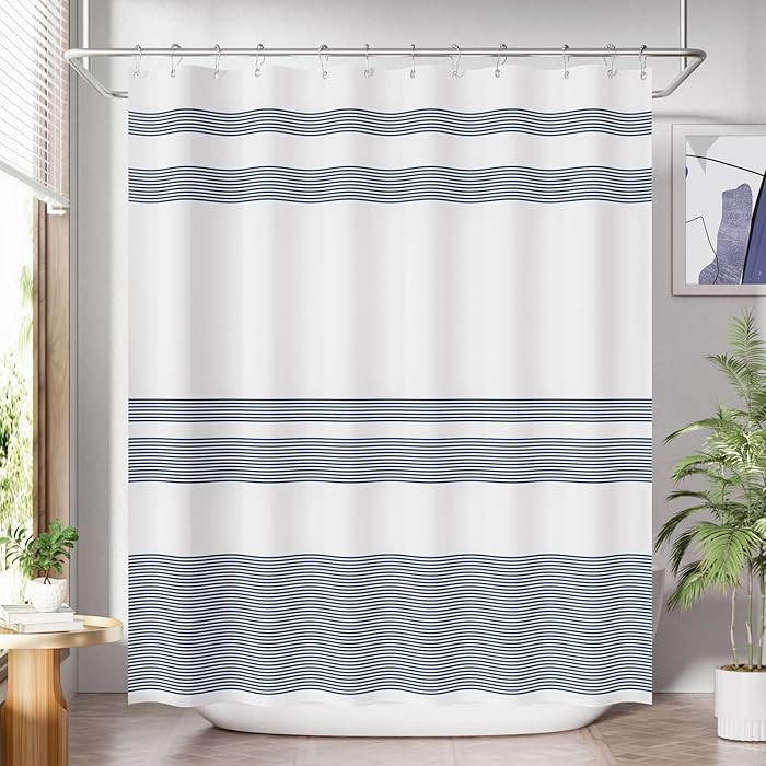 AmazerBath Shower Curtain, Striped Blue Cloth Sets with 12 Shower Curtain Hooks, Rustic Fabric Bl... | Amazon (US)