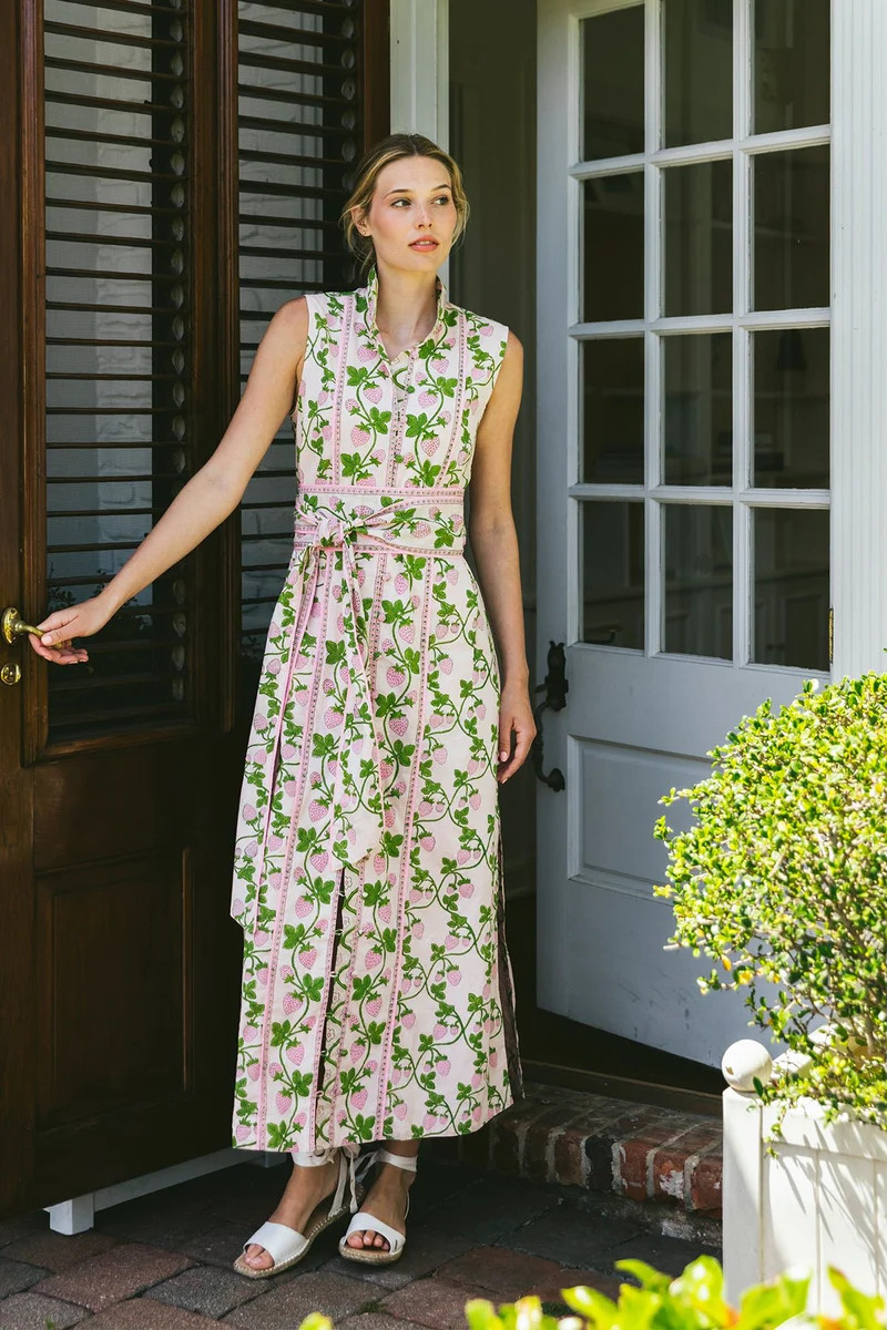 Sleeveless Marrakech Kaftan | Pastel Pink/Garden Green Strawberry | SUE SARTOR