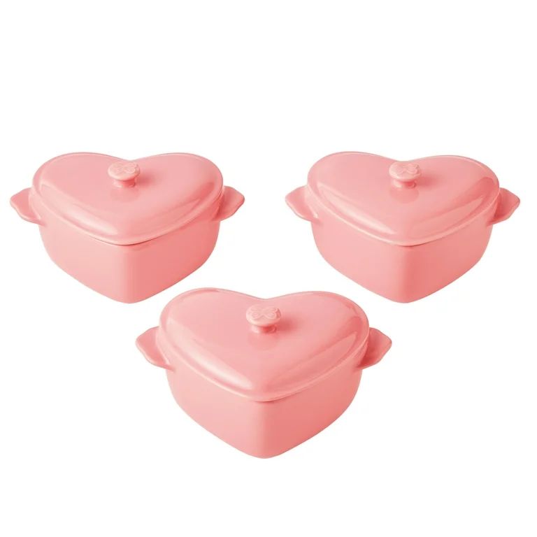 3-Piece Pink Colored Mini Hearts Ceramic Baking Dish with Lid, The Pioneer Woman 6.45" | Walmart (US)