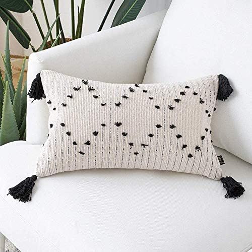 Ailsan Boho Cotton Woven Cream Lumbar Decorative Pillow Cover 12x20 Inch Modern Black and Beige W... | Amazon (US)