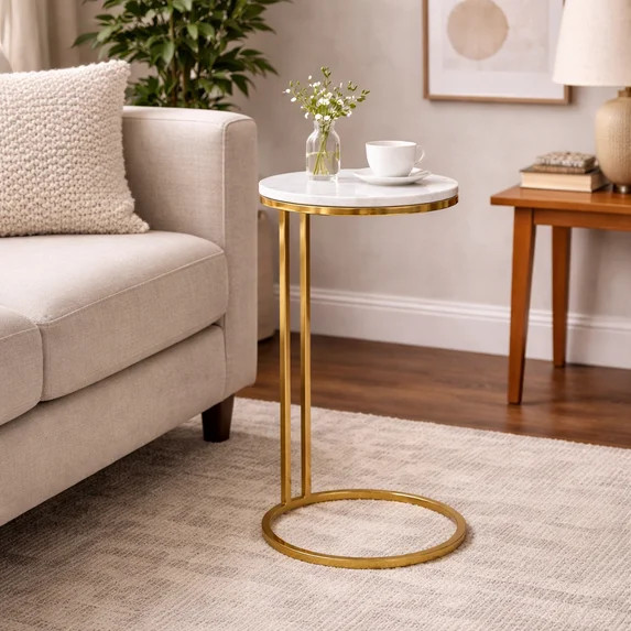 Round End Table, Side Table, or Small Night Stand for Room Decor - Metal Drink Table with Marble ... | Walmart (US)