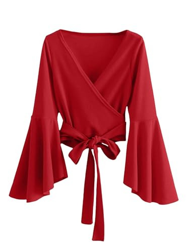 SweatyRocks Women's Long Sleeve V Neck Tie Knot Bandage Wrap Blouse Crop Top Red XL | Amazon (US)