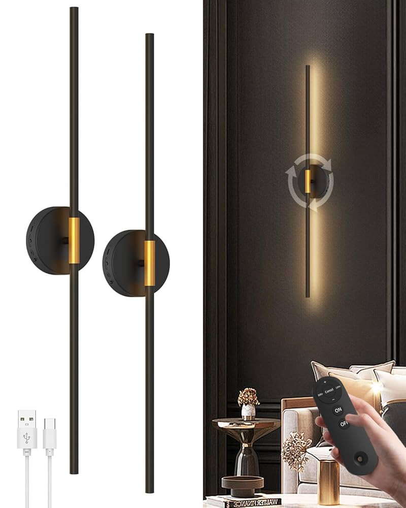 Battery Operated Wall Sconces Set of 2, 360° Rotatable Wall Sconce with Remote Control, 3000K Di... | Amazon (US)