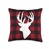 Fancy Pillowsky Red Plaid Check Fabric Farmhouse Cushion, Christmas Deer Throw Pillow, 16x16, Multic | Amazon (US)