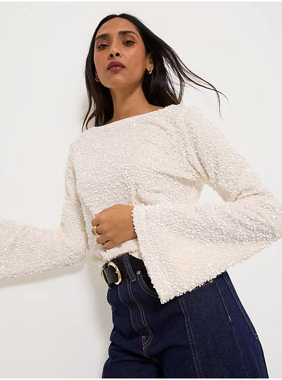 Cream Low Back Sequin Bell Sleeve Co Ord Top | George at ASDA