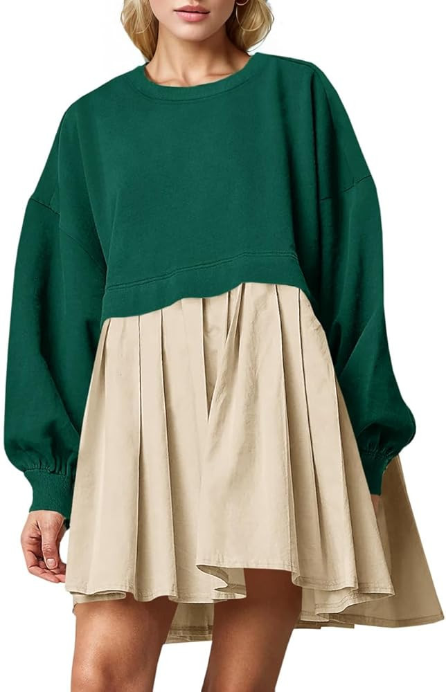 Fisoew Womens Oversized Sweatshirt Mini Dress Patchwork Crewneck Long Sleeve Baggy Pleated Dresse... | Amazon (US)