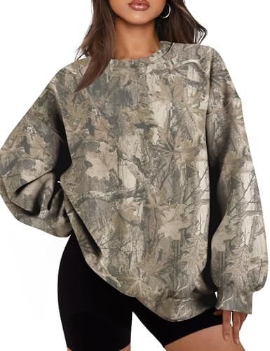 Dsewpaur Camo Sweatshirt For Women Maple Leaf Print Hoodies Crew Neck Oversized Long Sleeve Drop Shoulder Pullover | Amazon (US)