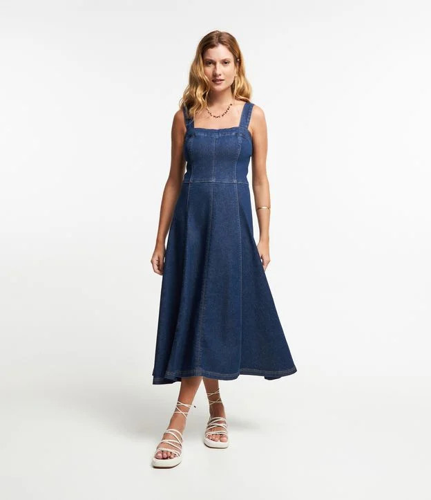Vestido Longo Sem Manga em Jeans com Decote Quadrado Azul | Renner (BR)