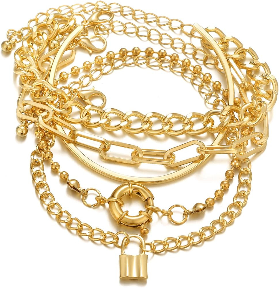 Romlibr 4 Pcs Stacking Gold Bracelets Cuban Link Lock Pendant Chain Paperclip Chain Bead Chain Pu... | Amazon (US)