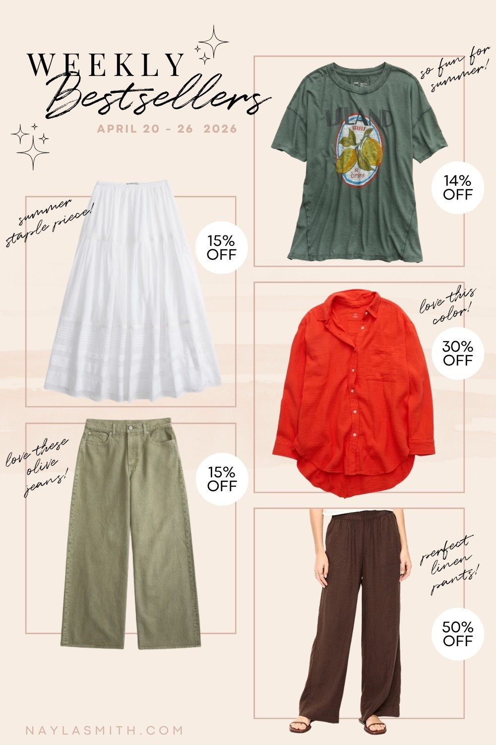 Weekly bestsellers! Fruit graphic tee (I wear L), chocolate brown linen pants (I wear L tall, Canadian link under related products), button up shirt (I wear L), olive green jeans (I wear 32 long and cut the hem for a custom length), white maxi skirt

#LTKsale #LTKjeans #LTKsummer