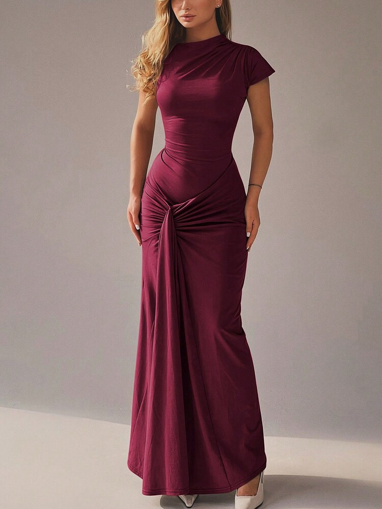 Lace Up Bandage Patchwork Ruched Short Sleeve Long Dress In Brown | SHEIN