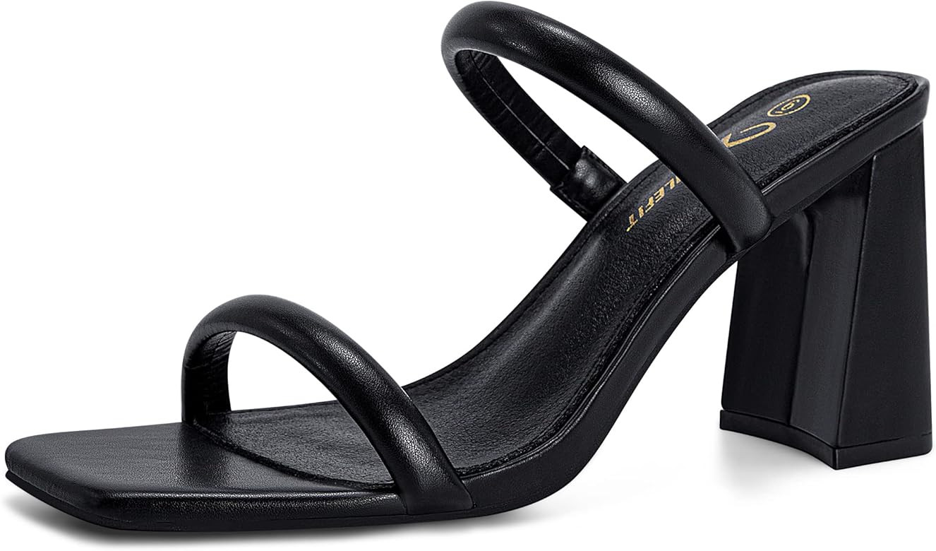 Athlefit Women's Square Open Toe Two Strap Heeled Sandals Slip On Block Chunky Heels Sandals | Amazon (US)