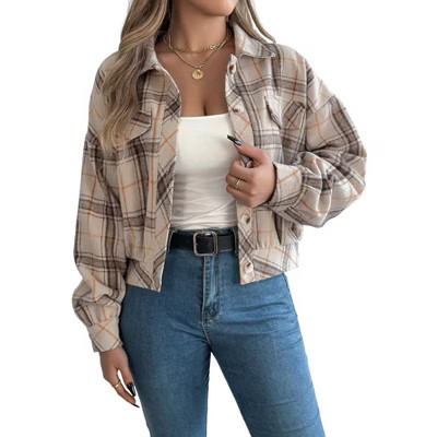 Flannels for Women Cropped Shacket Jacket Fashion Plaid Button Down Shirt Coat Tops Apricot XL | Target