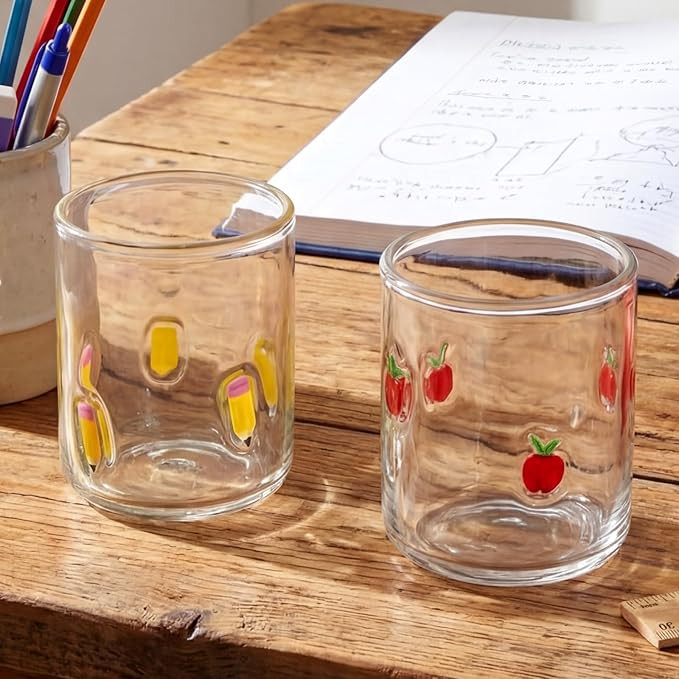 SiliFine 2 Pcs Pencil & Apple Icon Juice Glasses, 14oz Stemless Wine Drinking Juice Glass Cup for... | Amazon (US)