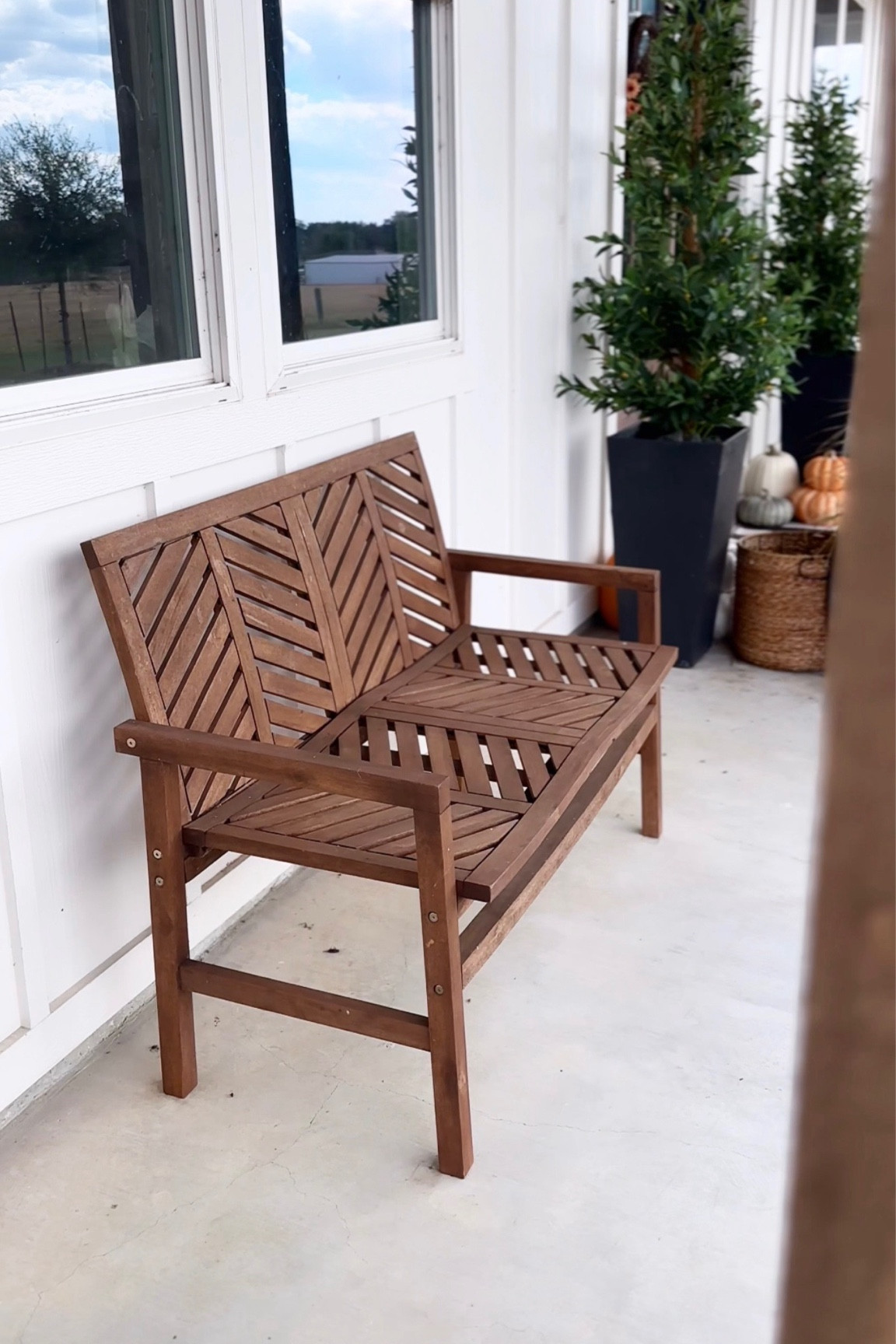 This wooden bench is an outdoor favorite! It’s so pretty and  and hold its color well from the sun glaring on it. 
10/10 rank for me! 

#LTKHome #LTKSeasonal #LTKParties