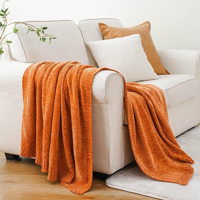BATTILO HOME Burnt Orange Throw Blanket for Couch, Chenille Knit Throw Blanket, Halloween Decor, ... | Amazon (US)