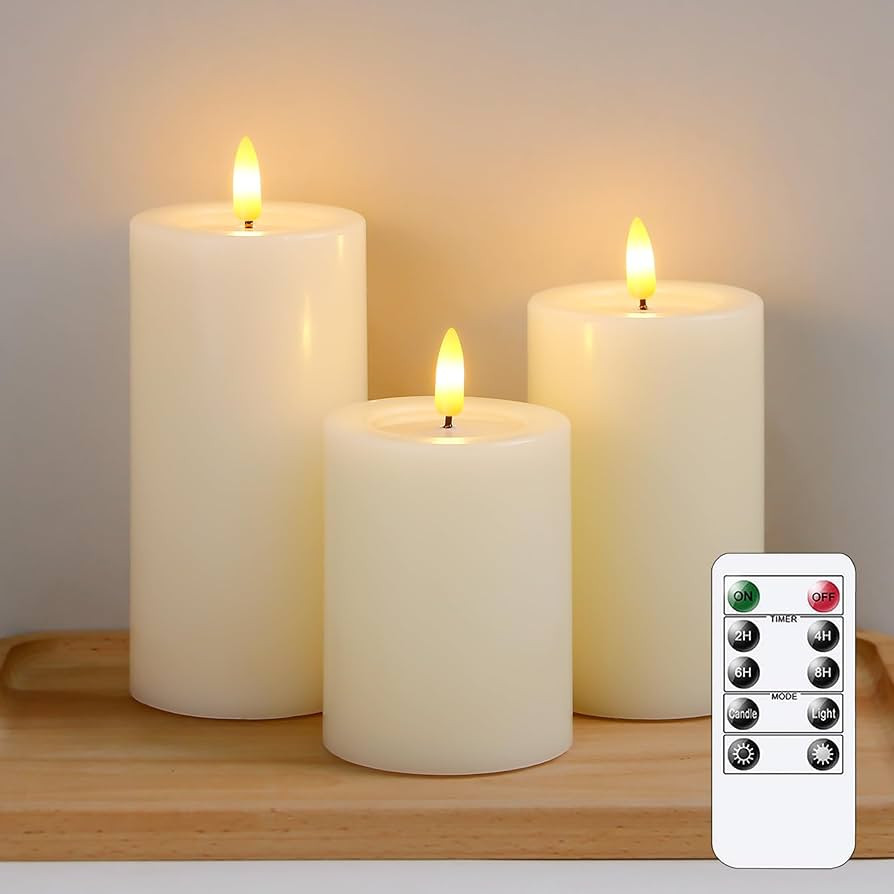 Remote Flameless Flickering Pillar Candles with Candle Grease Effect,Pack of 3 Ivory LED Battery ... | Amazon (US)