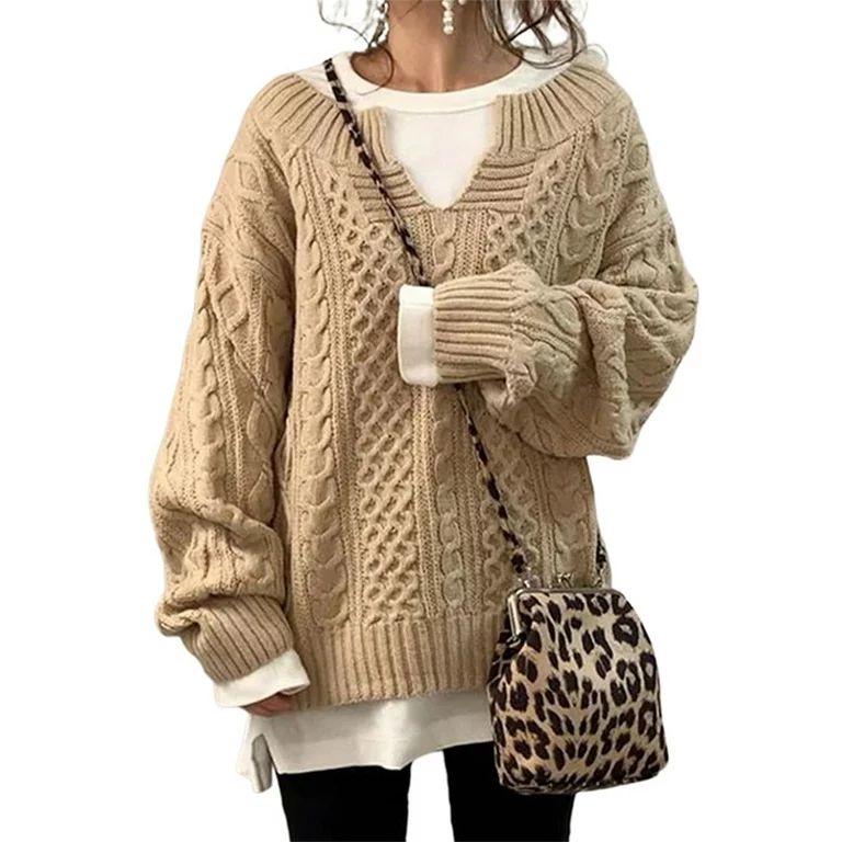 Frontwalk Womens V Neck Sweaters Long Sleeve Cable Knit Pullover Jumper Tops Casual Winter Fall C... | Walmart (US)