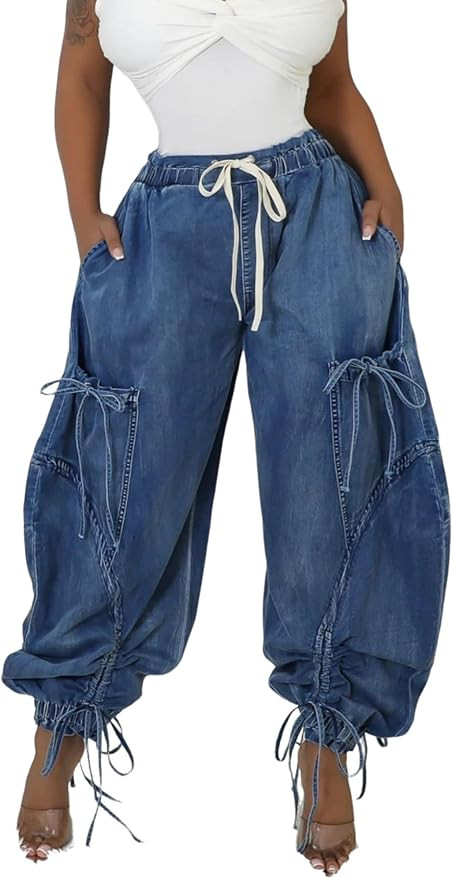 Unybwonn Women Baggy Barrel Jeans High Waisted Y2k Drawstring Bow Tie Cargo Jean Retro Wide Leg A... | Amazon (US)