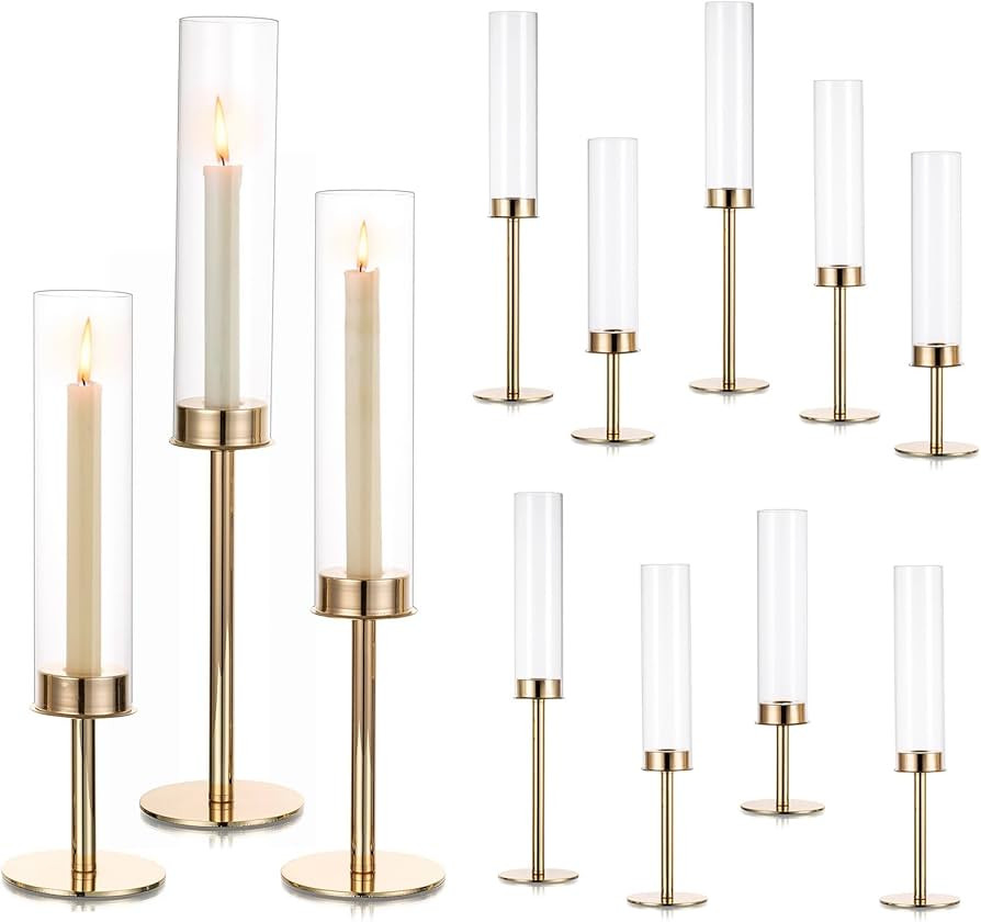 Hewory Gold Candle Holders Hurricane Candlestick Holders, 12Pcs Candle Stick Candle Holder Candel... | Amazon (US)