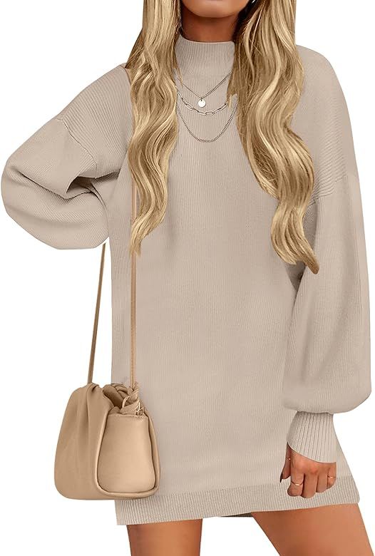 ZESICA Women's 2023 Fall Turtleneck Sweaters Dress Oversized Long Lantern Sleeve Casual Knit Pull... | Amazon (US)