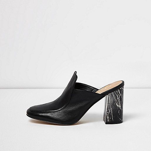 Black closed toe marble heel mules | River Island (UK & IE)
