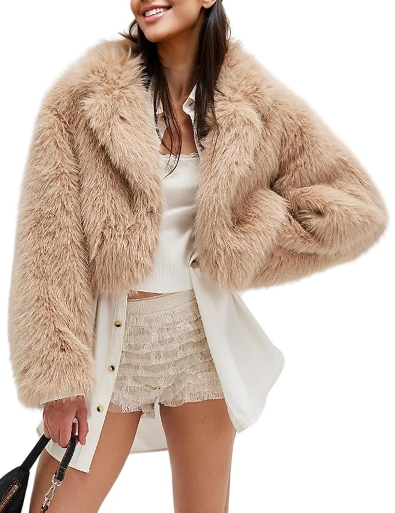 Gozoloma Women's Faux Fur Jacket Long Sleeve V Neck Collared Cropped Coat with Single Button Clos... | Amazon (US)